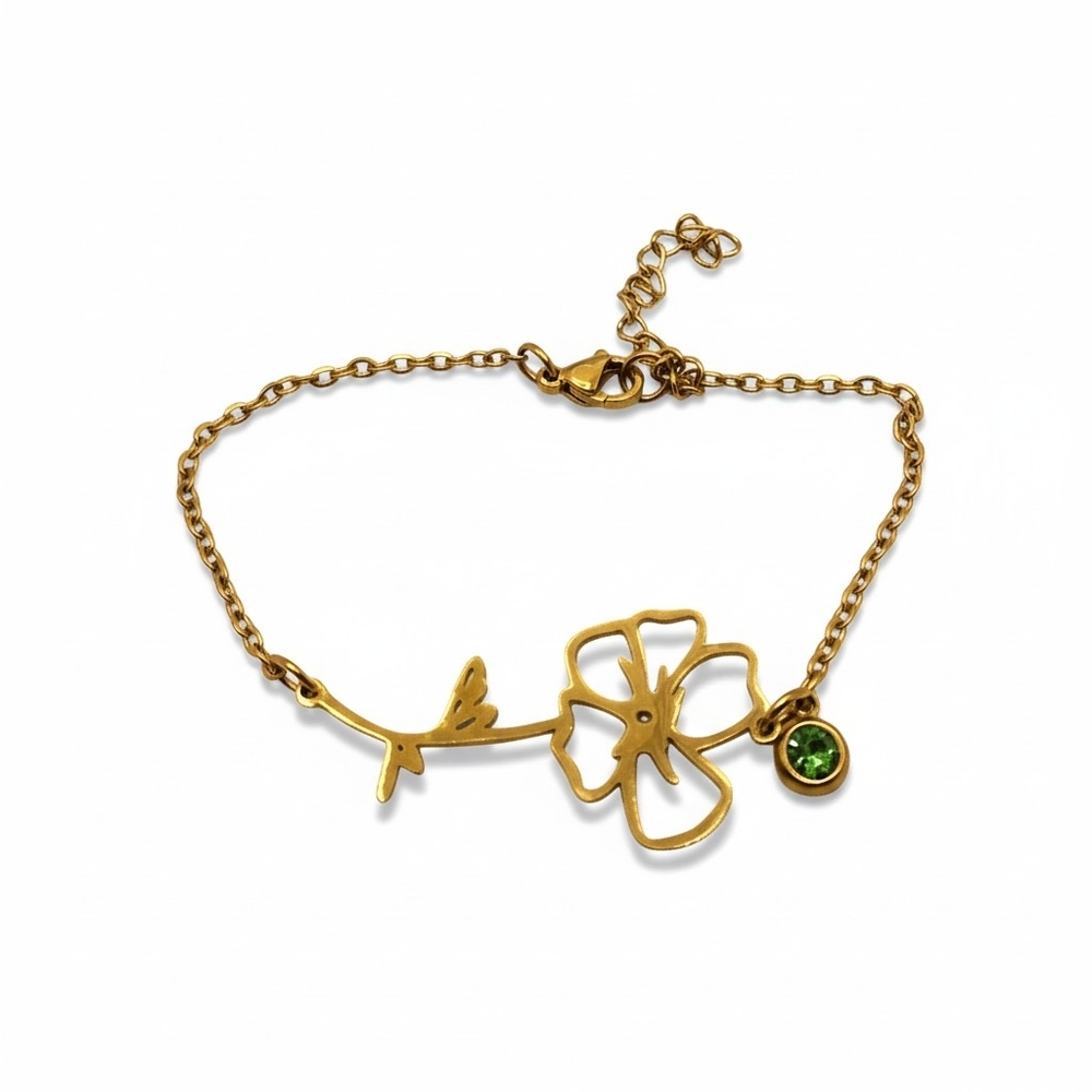 Elegant Gold Flower Bracelet with Green Gemstone